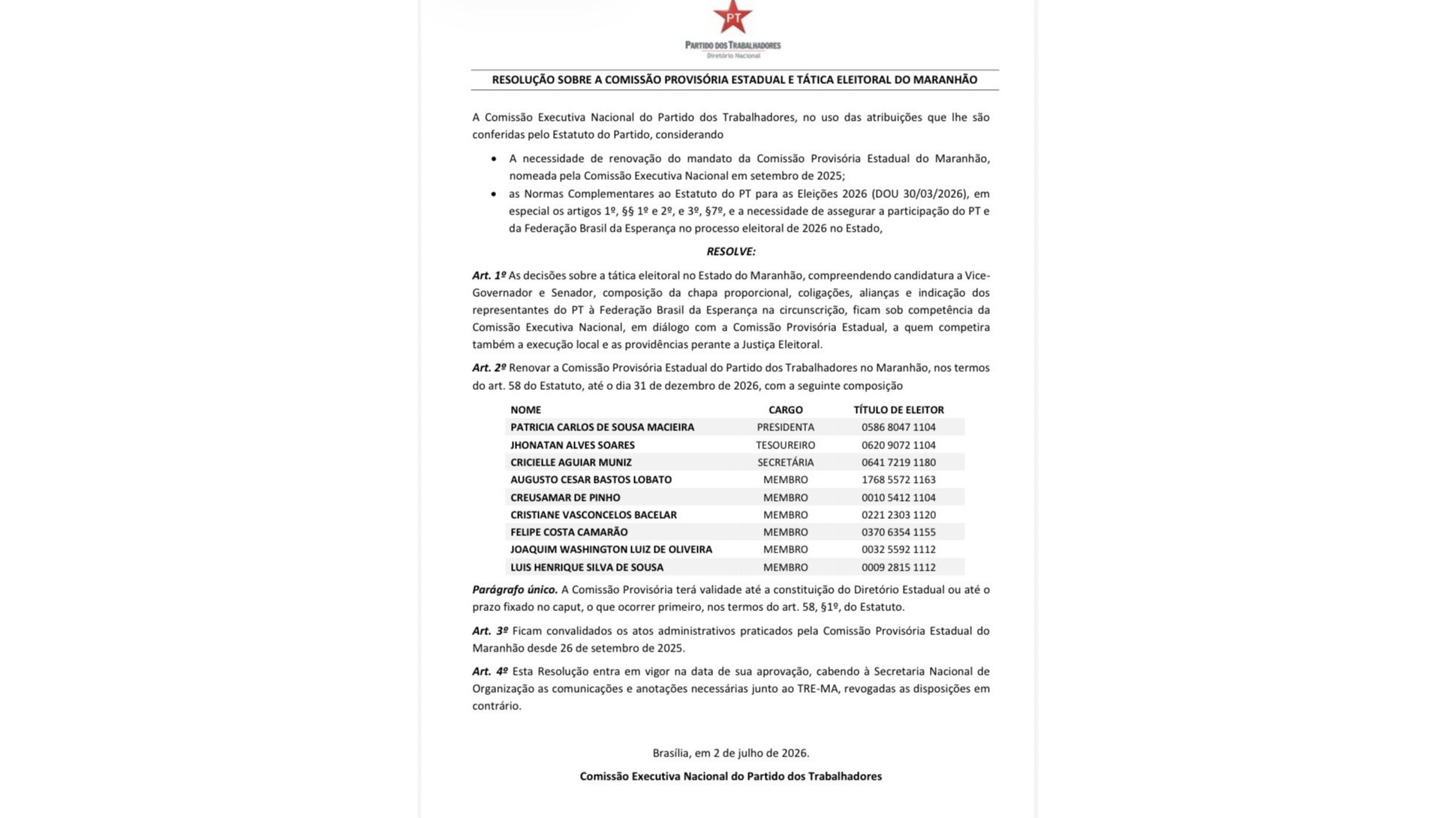 Prorrogação de mandato do diretório estadual une o PT e consolida Felipe Camarão rumo ao Governo do Maranhão