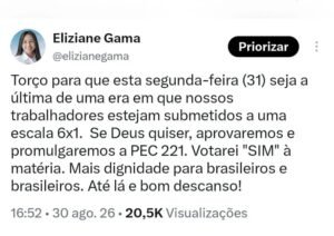 fim da escala 6x1: eliziane gama declara voto favorável à pec 221 e defende transição para jornada de 40 horas