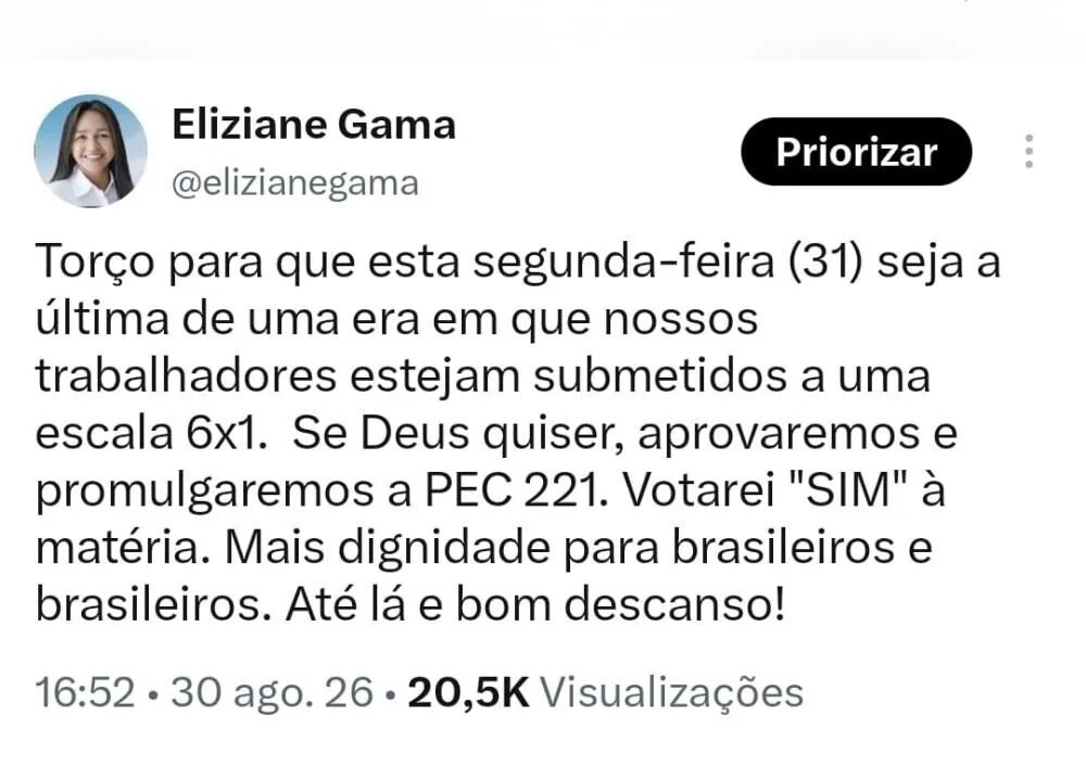 fim da escala 6x1: eliziane gama declara voto favorável à pec 221 e defende transição para jornada de 40 horas