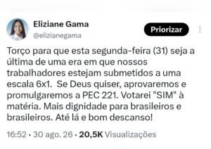 eliziane gama reitera apoio ao fim da escala 6x1 e defende aprovação da pec 221 no senado