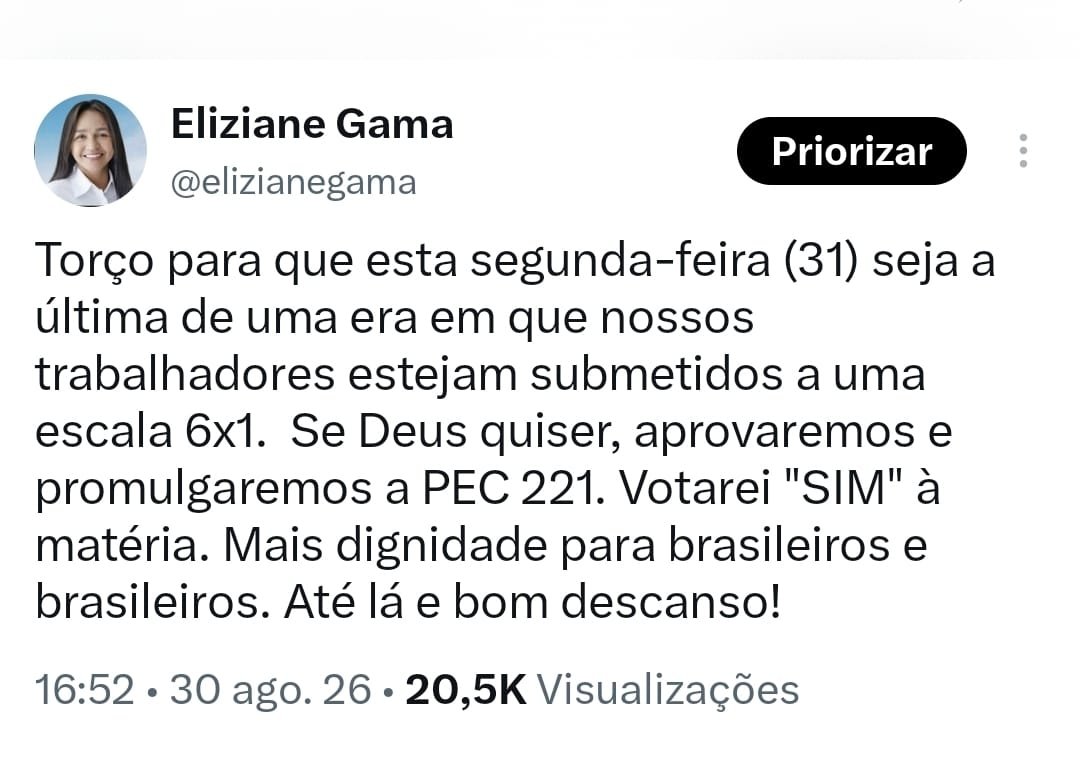 eliziane gama reitera apoio ao fim da escala 6x1 e defende aprovação da pec 221 no senado